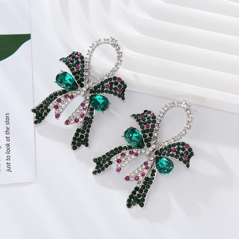 Wholesale new fashion high-end sense full diamond bow silver needle earrings women's exquisite elegant colored diamond ear jewelry